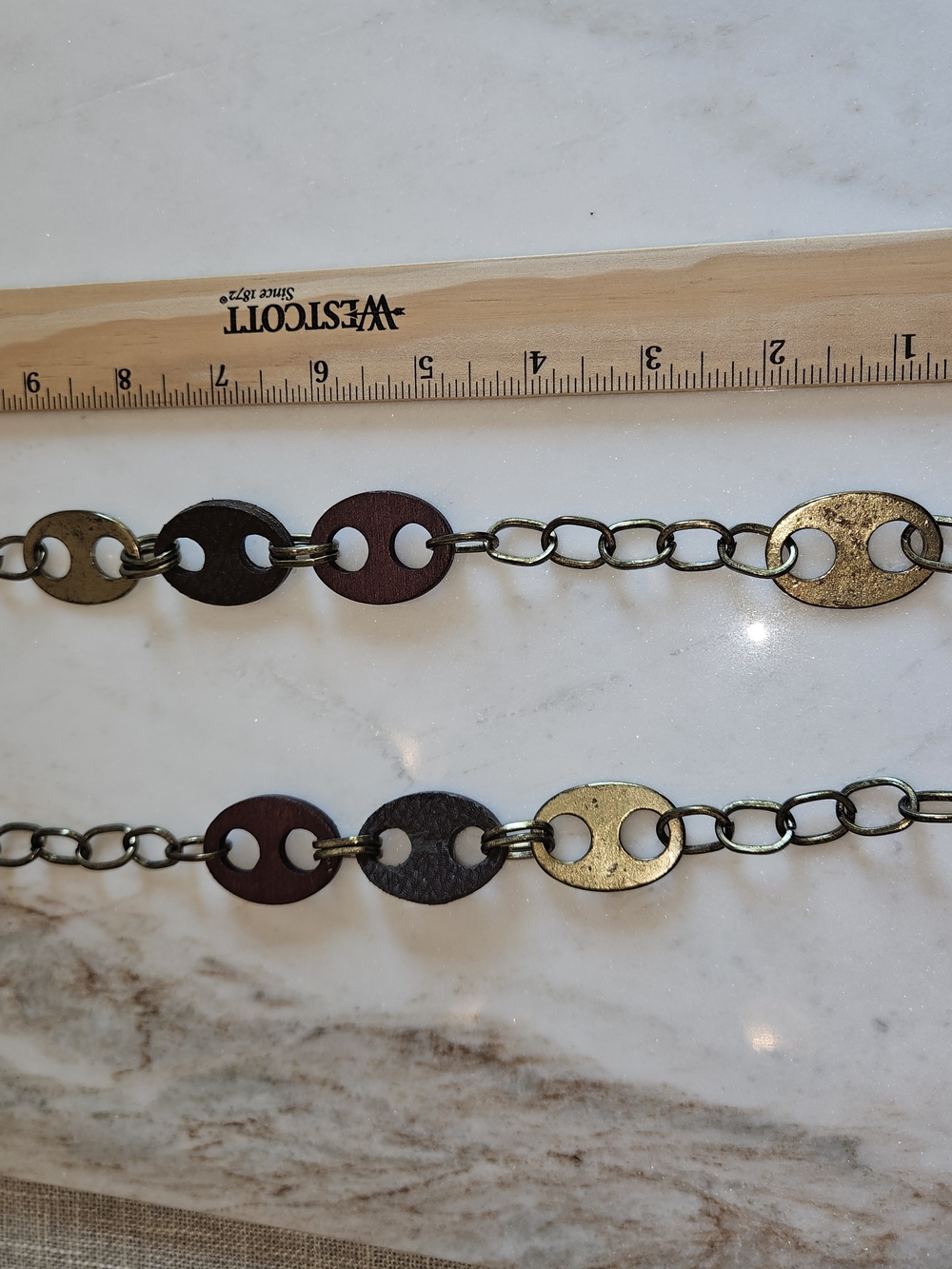 Long Metal Link Necklace with Brass and Dark Brown Leather Accents